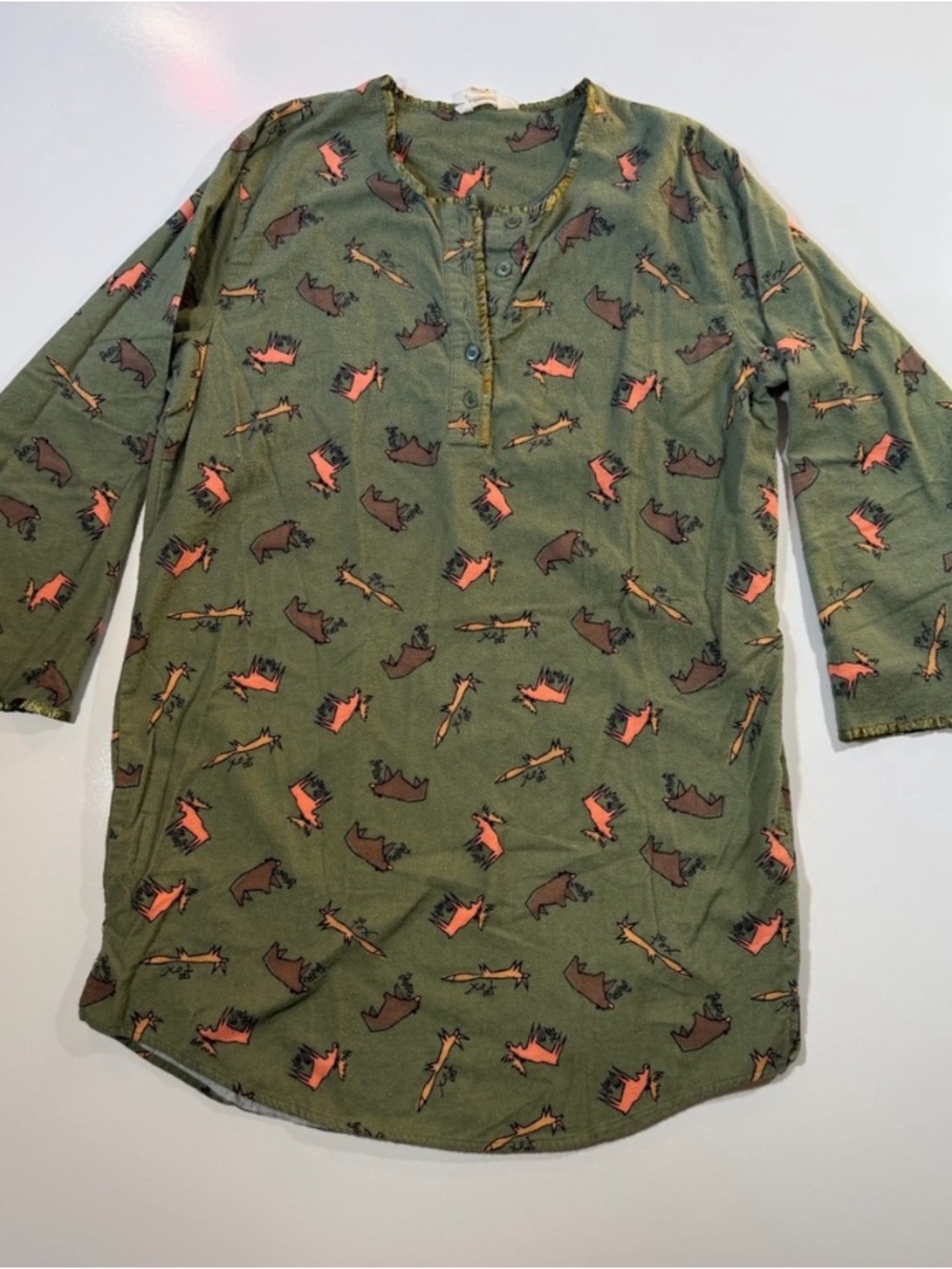 Vintage Woolrich Bear Moose Novelty Print Olive Cotton Henley Tunic Nightshirt L